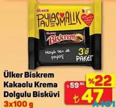 ÜLKER BİSKREM KAKAOLU KREMA DOLGULU BİSKÜVİ 3X100 G
